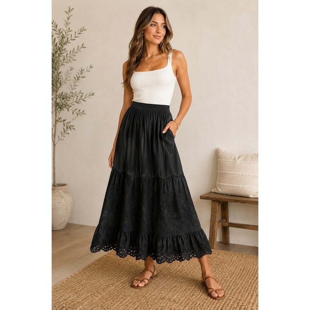 Abercrombie & Fitch Maxi Skirt Black Embroidered Eyelet Boho Victorian WMS SM
